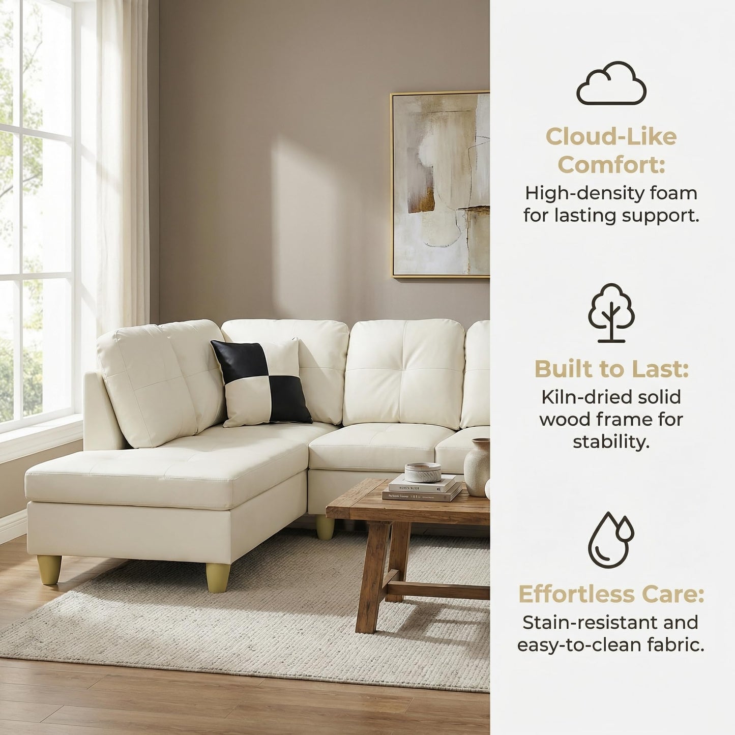 NicBex Leather 103.5" Sectional Couches for Living Room, 2-Piece L-Shaped Sectional Couch with Movable Lounge Chaise, Multi-Scene Use for Apartment & Office, White