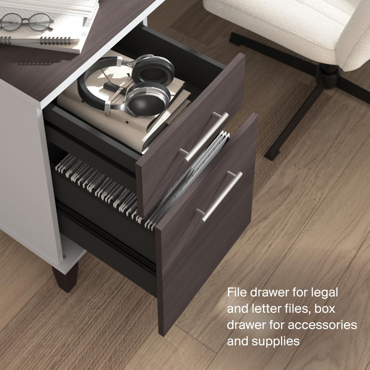 Bush Home 72-Inch L-Shaped Sit to Stand Desk with Hutch, Adjustable Height Standing Corner Computer Desk with Drawers, Shelves, Storage Cabinet, Home Office, Somerset Collection, Storm Gray and White