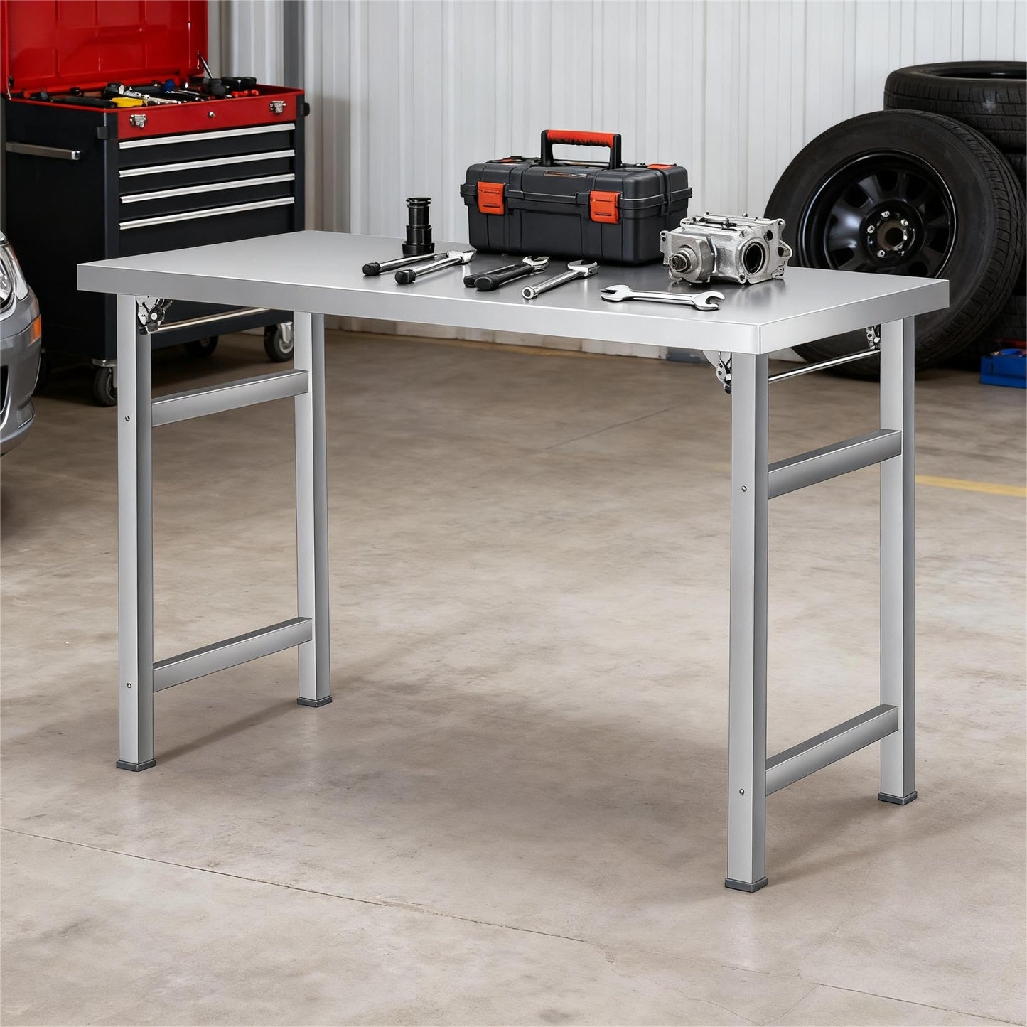 Stainless Steel Folding Table 60x24 Inch, 600 Lbs Heavy-Duty Commercial Prep Table, Metal Worktable with Adjustable Feet, Portable Workstation for Kitchen Garage Restaurant