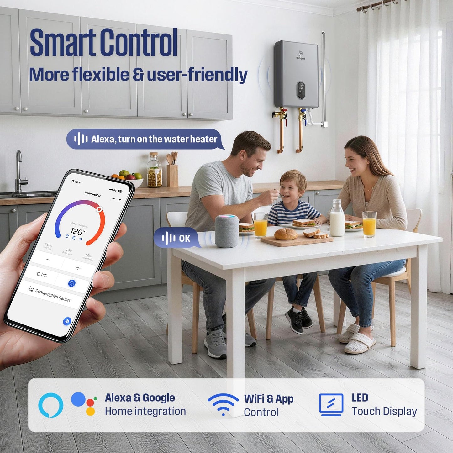 Westinghouse 27kW Electric Tankless Whole House Water Heater, 6.3 GPM Instant Hot Water on Demand, 240V, WIFI & Self Modulating High Efficiency, Copper Heating, LED Display, ETL Certified