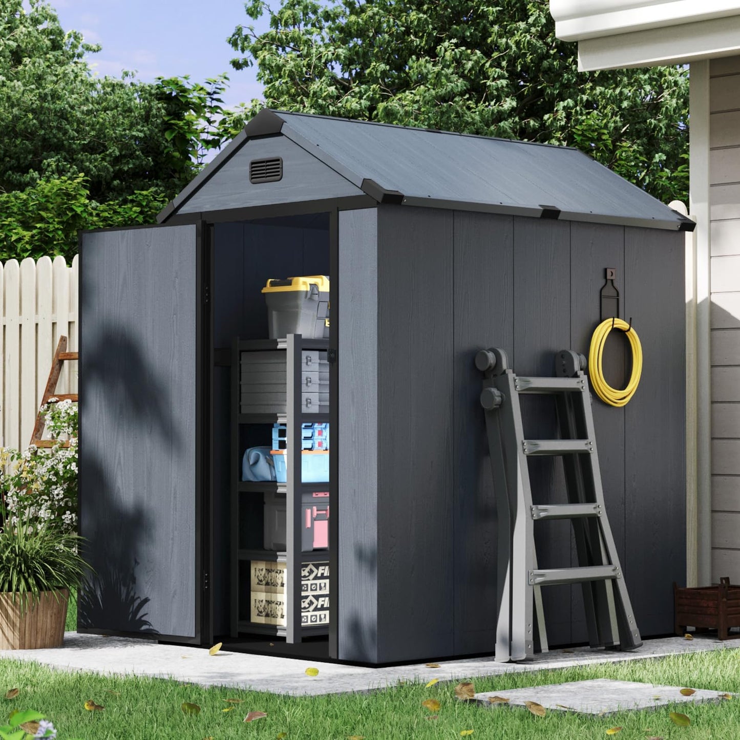 Aoxun 4×6 FT All-Weather Resin Storage Shed, Outdoor Plastic Tool Shed with Reinforced Floor, Lockable Door, Window & Vent for Garden Patio Backyard, Stores Bike, Garbage Can & Yard Gear, Dark Gray