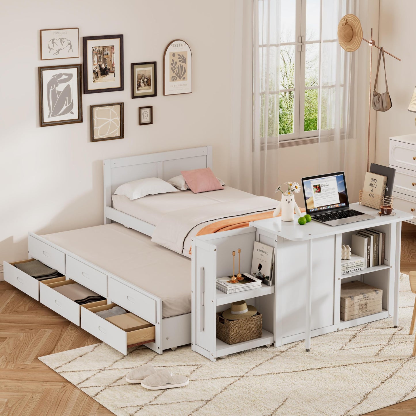 Merax Twin Size Platform Bed with Desk, Storage Shelf, 3 Drawers, Multifunctional Wood Bedframe with Trundle, No Box Spring Needed, Noise Free, White