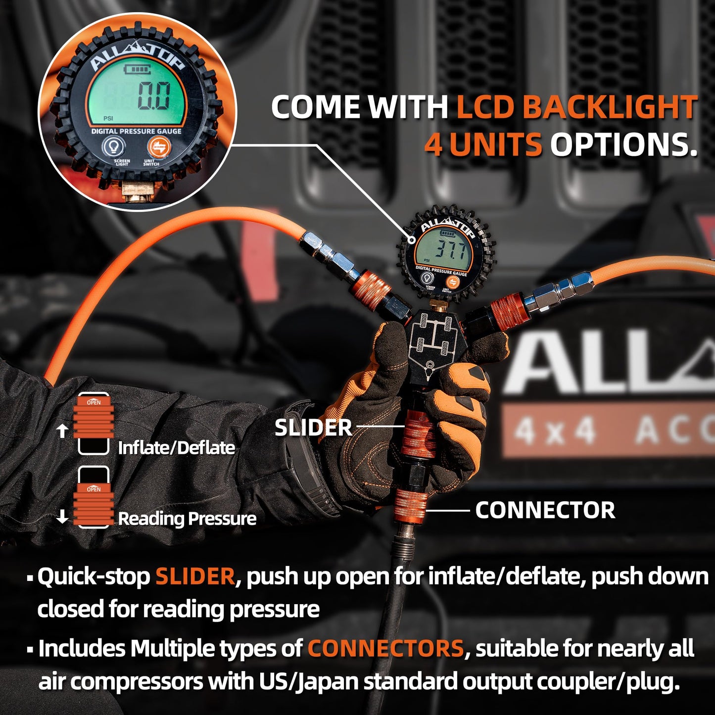 ALL-TOP 4 Tire Inflation & Deflation System, Up to 200" Wheelbase, Rapid High-Flow Air Up Down Kit w/Digital Pressure Gauge & Worry-Free Quick Fitting Package
