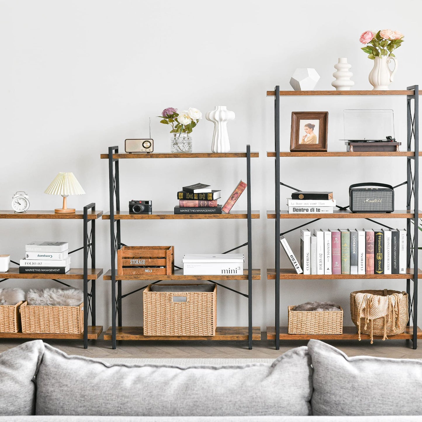 HCHQHS Bookshelf, 5-Tier Industrial Bookcase, Rustic Open Book Shelf, Freestanding Tall Bookshelves with Metal Frame