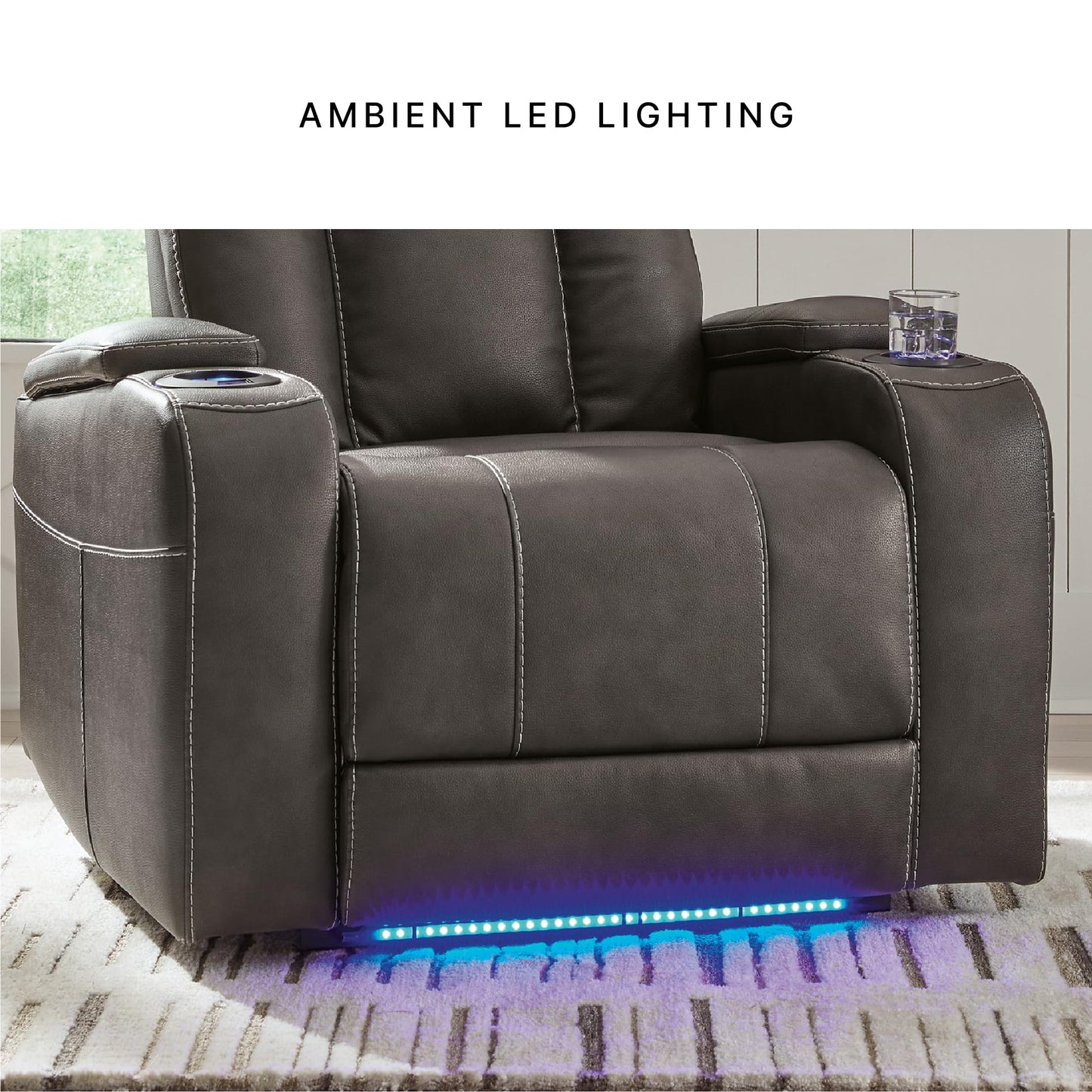 Signature Design by Ashley Feazada Recliner, Power Reclining with Adjustable Headrest, LED Cup Holders, Flip‑Top Storage Armrests and Faux Leather Upholstery for Home Theater Comfort