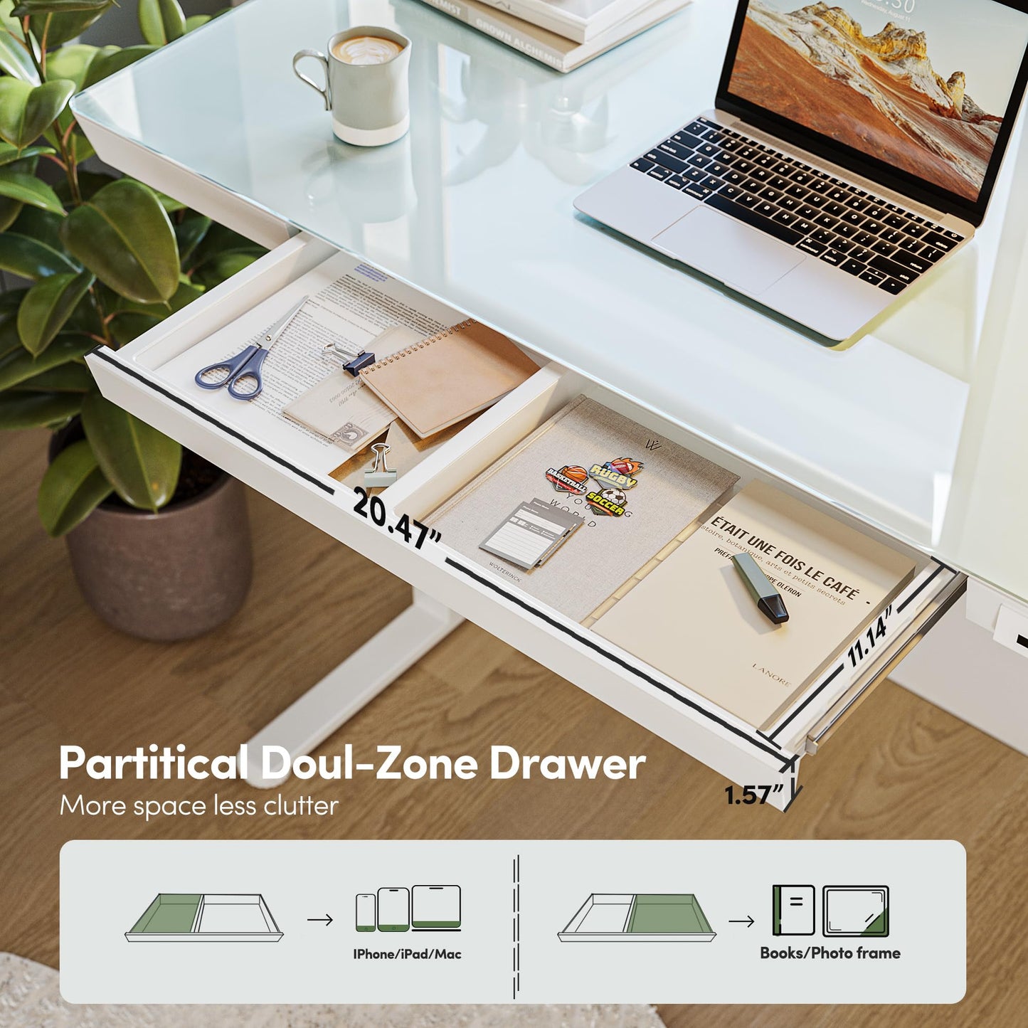 BANTI Electric Standing Desk with Drawers, 48 inch Whole-Piece Glass Desktop, Height Adjustable Stand up Sit Stand Home Office Ergonomic Workstation, White Tabletop