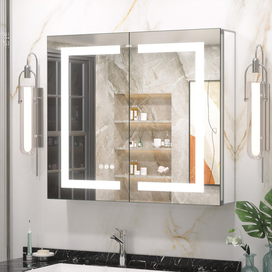 Keonjinn 30 x 26 Inch Lighted Medicine Cabinet with 2-Side LED Mirror & Electrical Outlet, 3 Color Lights Dimmable Tempered Glass Frontlit Anti-Fog UL Listed Recessed Wall Mount for Bathroom Storage