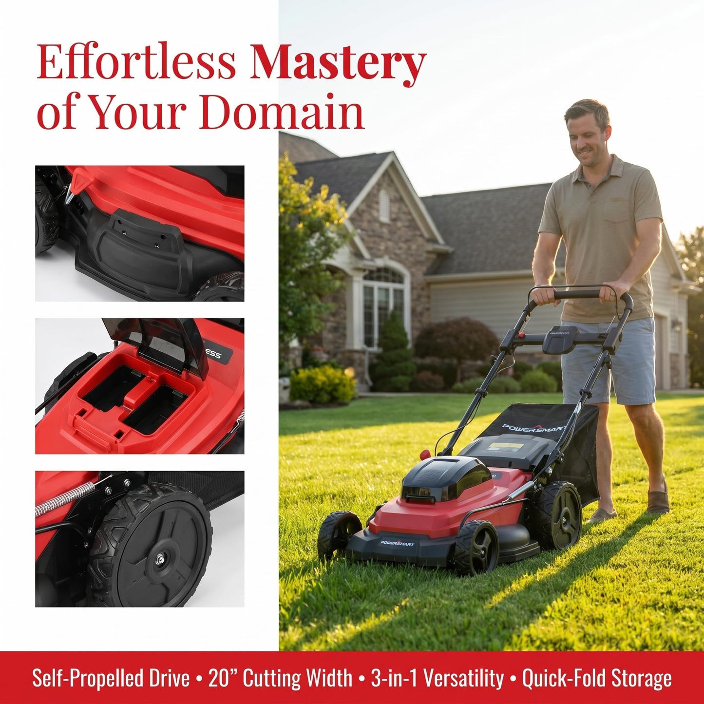 20" Self Propelled Cordless Lawn Mower,40V 2x4.0 Ah Battery Lawn Mower with Dual Battery Slots & Steel Deck, 3-in-1 Walk-Behind Mower (Bagging/Mulching), Space Saving Foldable