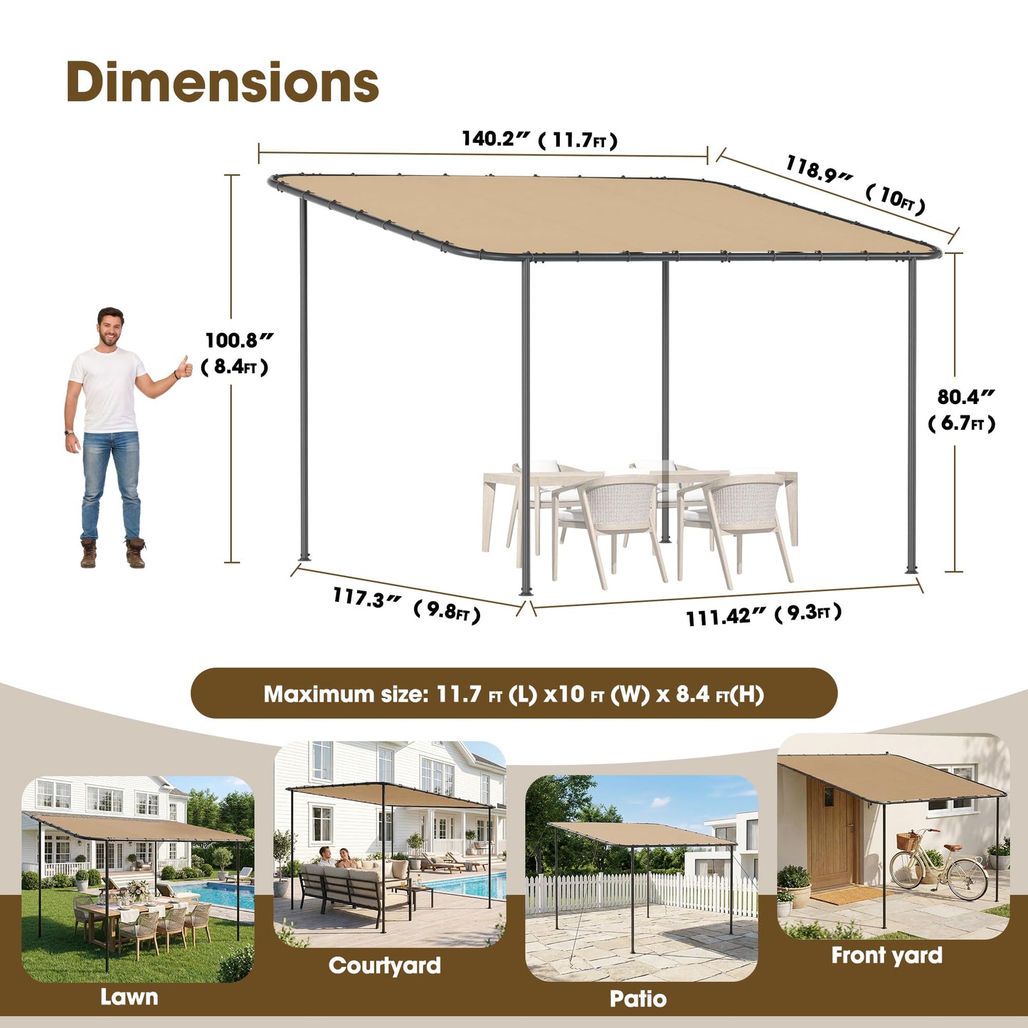 TOBYUL 12'x10' Lean to Gazebo Pergola with 3 Types Ground Nails and Weatherproof Canopy, Large Wall-Mounted Galvanized Steel Frame Shelter, Outdoor Sloped Roof Awning for Patio, Deck, Backyard (Khaki)