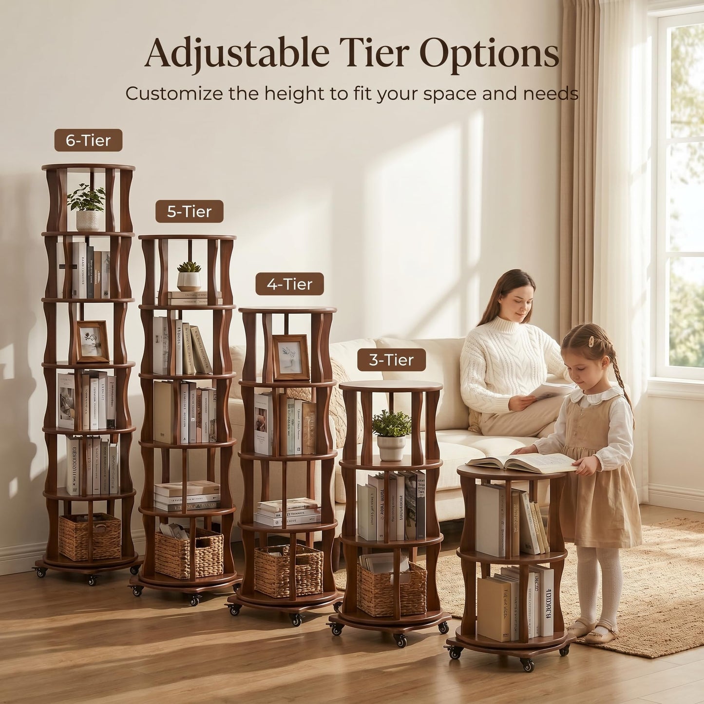 5 Tier Solid Wood Rotating Bookshelf with Wheels, Round Revolving Bookcase Organizer, 360° Spinning Storage Shelf for Corner, Small Narrow Spaces, Home, Office, BedRoom,Living Room,Study Room