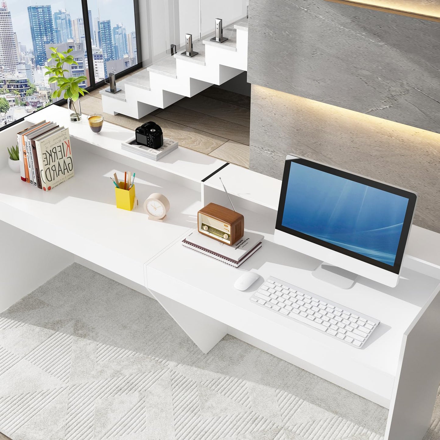 FAMAPY Reception Desk with Shelves, Modern Front Counter Table Checkout Retail Counter for Reception Room Lobby Shop, White and Black, 23.6”D x 86.6”W x 39.3”H