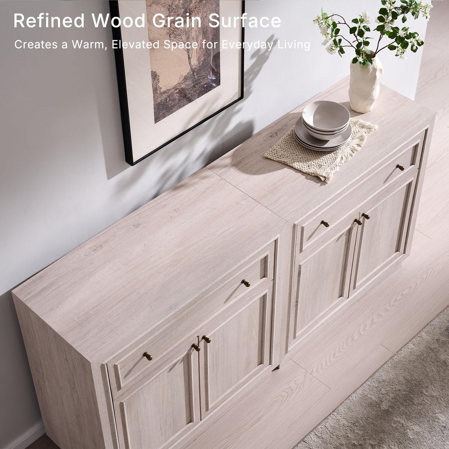 ACCOHOHO Modern Farmhouse Buffet Cabinet, 63" Sideboard Credenza, Modular Storage Cabinet with Framed Panel Fronts, 4 Doors, 2 Drawers, Adjustable Shelves & Dual Base Design, White Alder