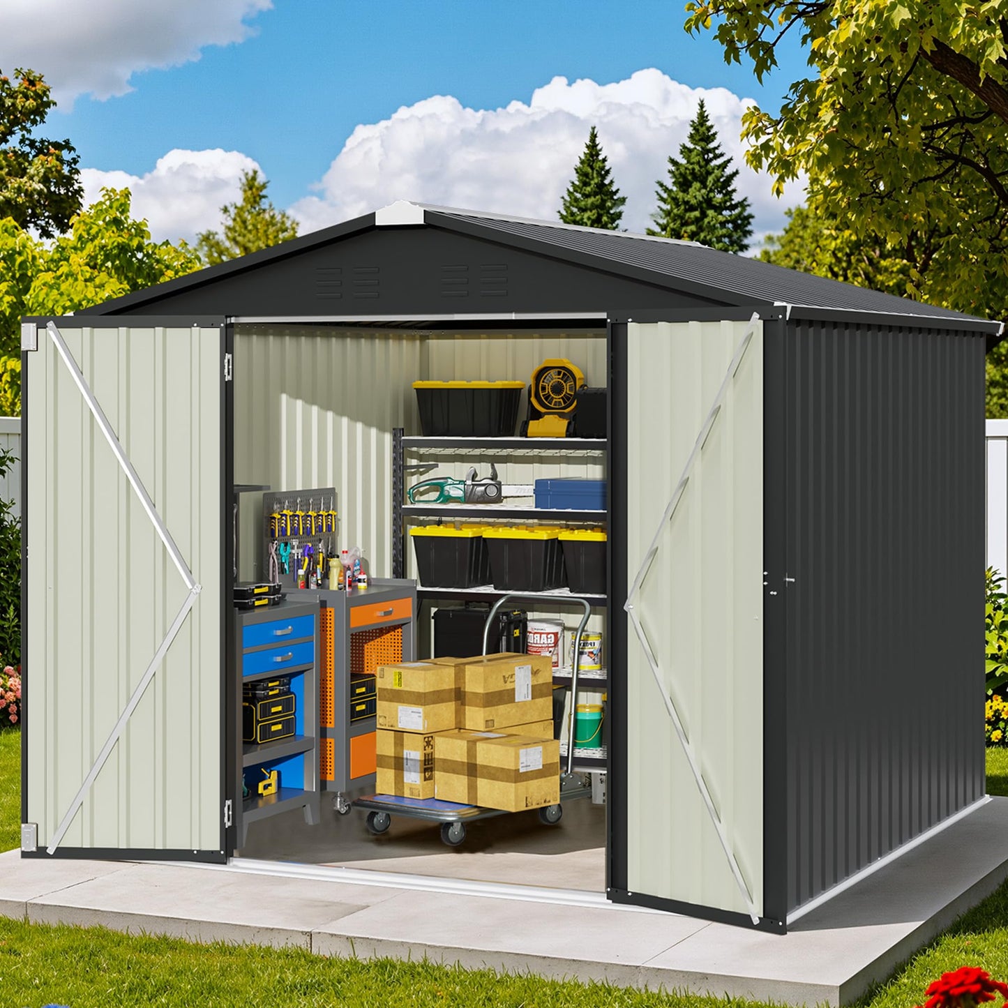 Patiowell 8x8 FT Outdoor Storage Shed, Garden Tool Storage Sheds with Sloping Roof and Double Lockable Door, Outdoor Shed for Backyard Patio Lawn, Black