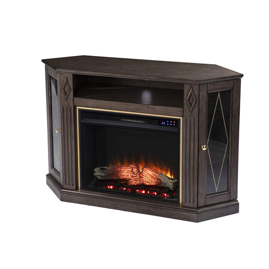 SEI Furniture Austindale Electric Fireplace Corner TV Stand for TVs up to 45 Inches, Touch Screen Control Panel, Brown