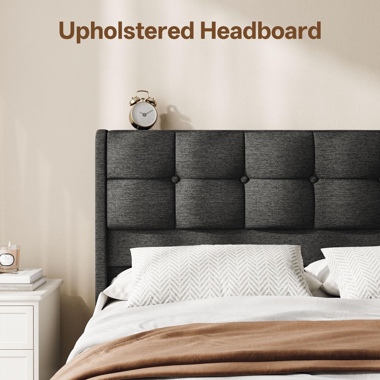Vinabilia Lift Up Queen Size Bed Frame with Storage, Upholstered Queen Bed Frame with Wingback Headboard, No Box Spring Needed, Easy Assembly - Dark Grey