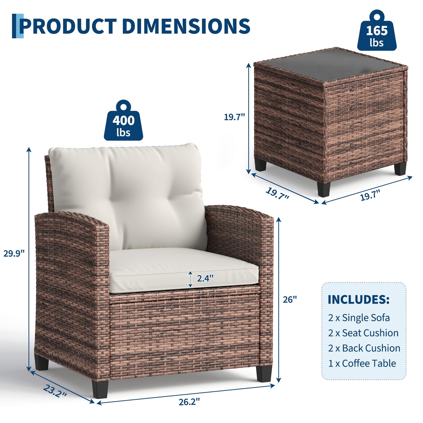 3-Piece Patio Furniture Set, PE Rattan Wicker Outdoor Sofa Set with Washable Cushions & Tempered Glass Tabletop, Conversation Set for Garden, Poolside, Balcony (Brown Wicker & Beige Cushions)