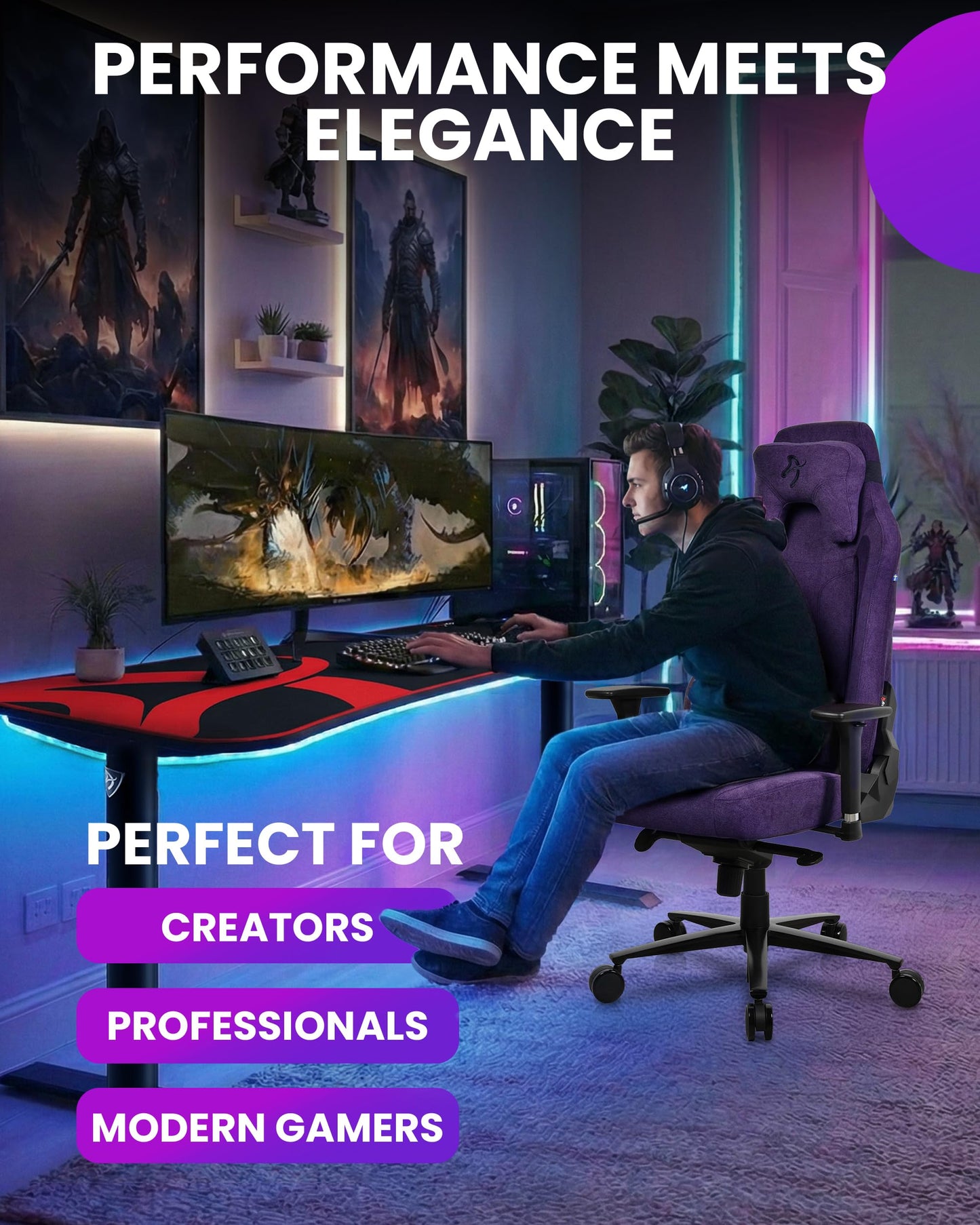 Arozzi Vernazza Gaming Chair - Soft Fabric Gaming Chairs for Adults Adjustable Height, Large Spacious Seat & Backrest with Support Pillows - Swedish Design Home Office Computer Chairs, Purple