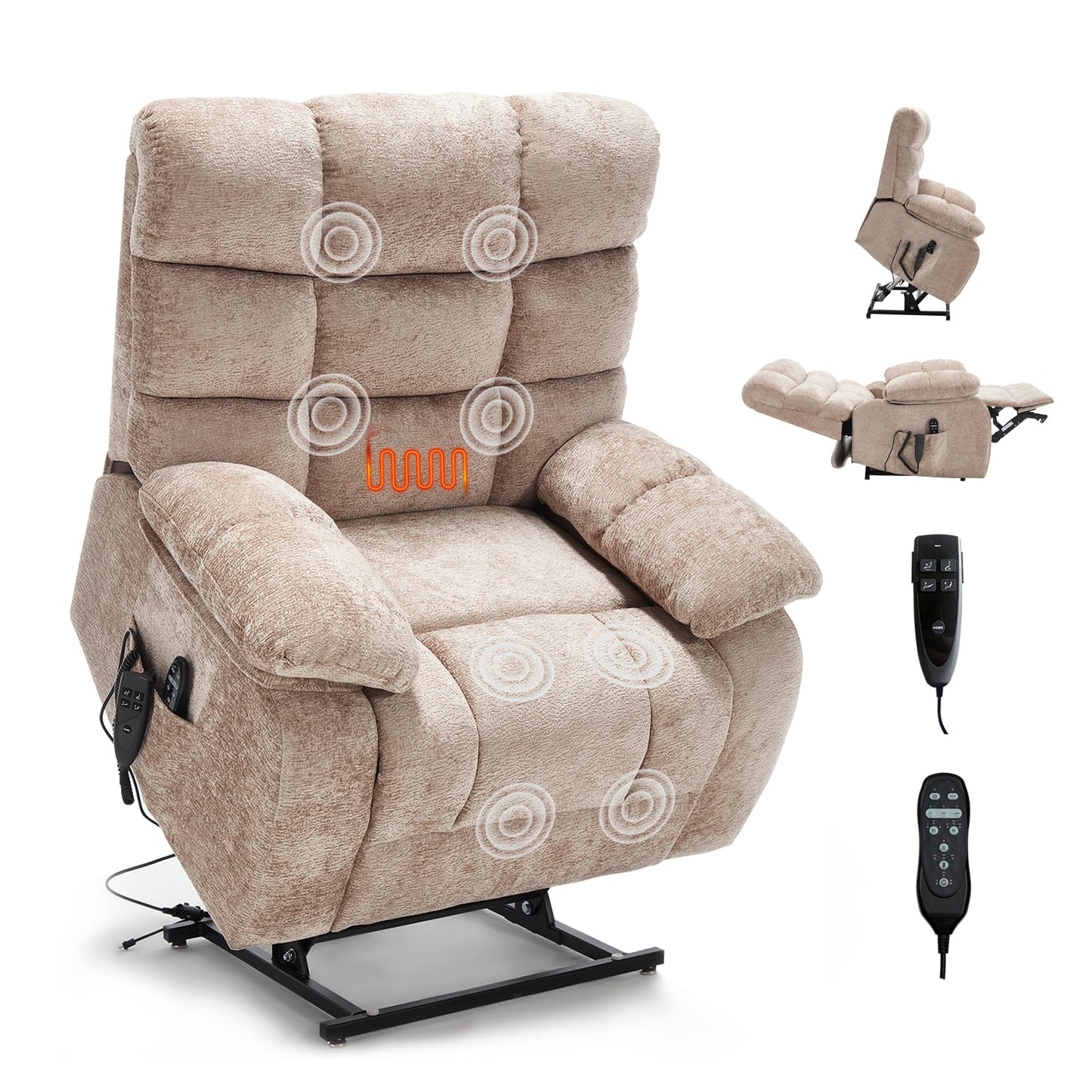 RHHVVR Oversized Power Lift Recliner Chair for Elderly, Dual Motor Lay Flat Recliner Big Chair with Massage and Heating, Chenille Electric Recliner Chairs for Living Room, Medium-Firm, Beige