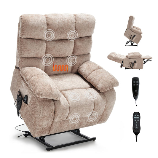 RHHVVR Oversized Power Lift Recliner Chair for Elderly, Dual Motor Lay Flat Recliner Big Chair with Massage and Heating, Chenille Electric Recliner Chairs for Living Room, Medium-Firm, Beige