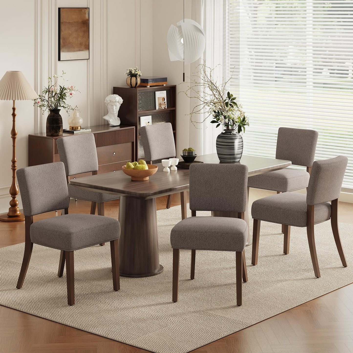 COLAMY Mid Century Modern Dining Chairs Set of 6, Upholstered Kitchen Chairs with Back, Farmhouse Fabric Side Dining Room Chairs with Wood Legs for Dining Room Kitchen Restaurant, Brown