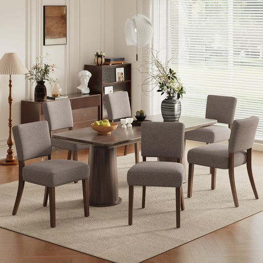 COLAMY Mid Century Modern Dining Chairs Set of 6, Upholstered Kitchen Chairs with Back, Farmhouse Fabric Side Dining Room Chairs with Wood Legs for Dining Room Kitchen Restaurant, Brown