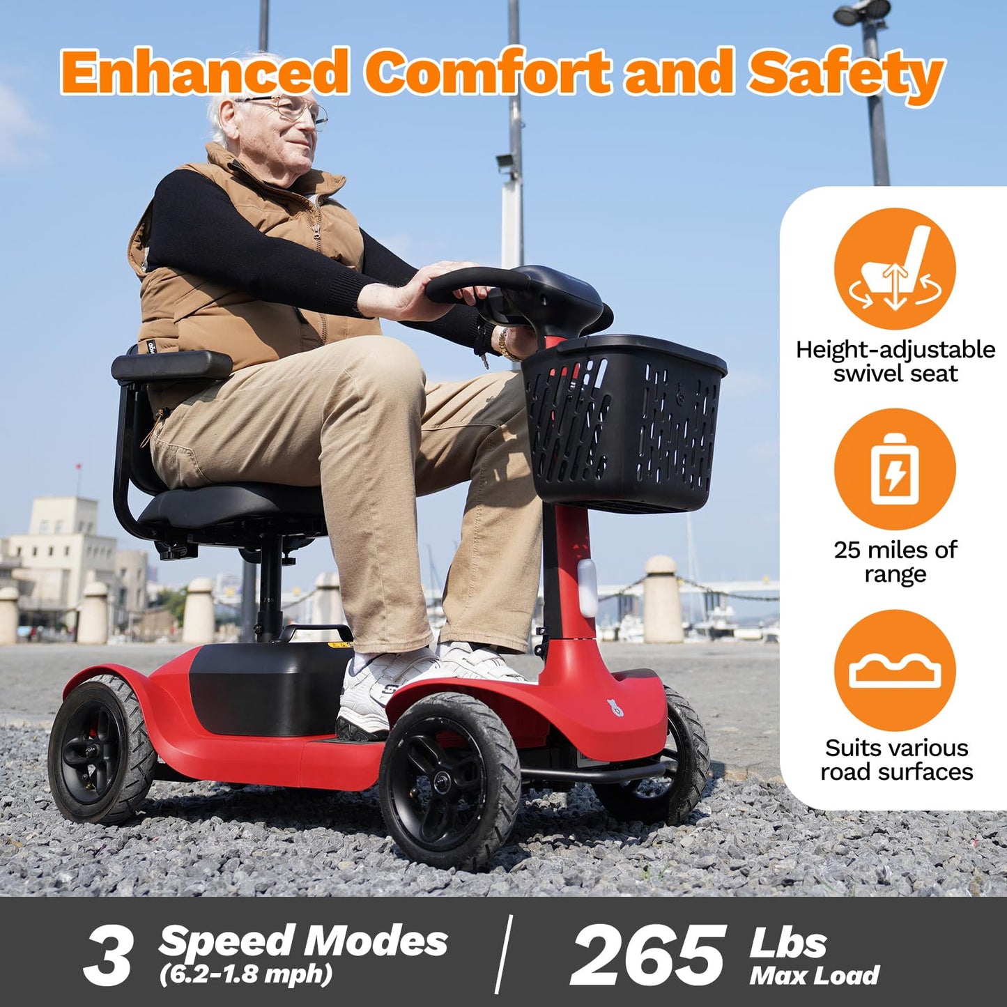 Glashow S1 Folding 4-Wheel Mobility Scooter for Seniors – 25-Mile Range, 6.2 mph, All-Terrain Electric Scooter with Adjustable Swivel Seat, 265 lb Capacity, Removable 24V 20Ah Battery – Red