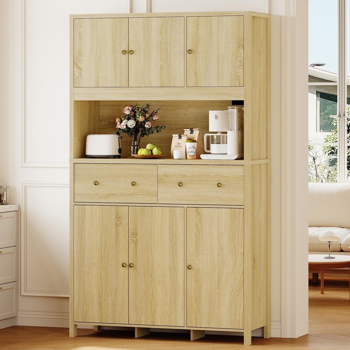 Garvee 71" H Pantry Cabinet with Charging Station, Tall Kitchen Pantry Storage Cabinet with Countertop, Modern Kitchen Hutch with Storage Drawers for Living Room, Dining Room, Natural