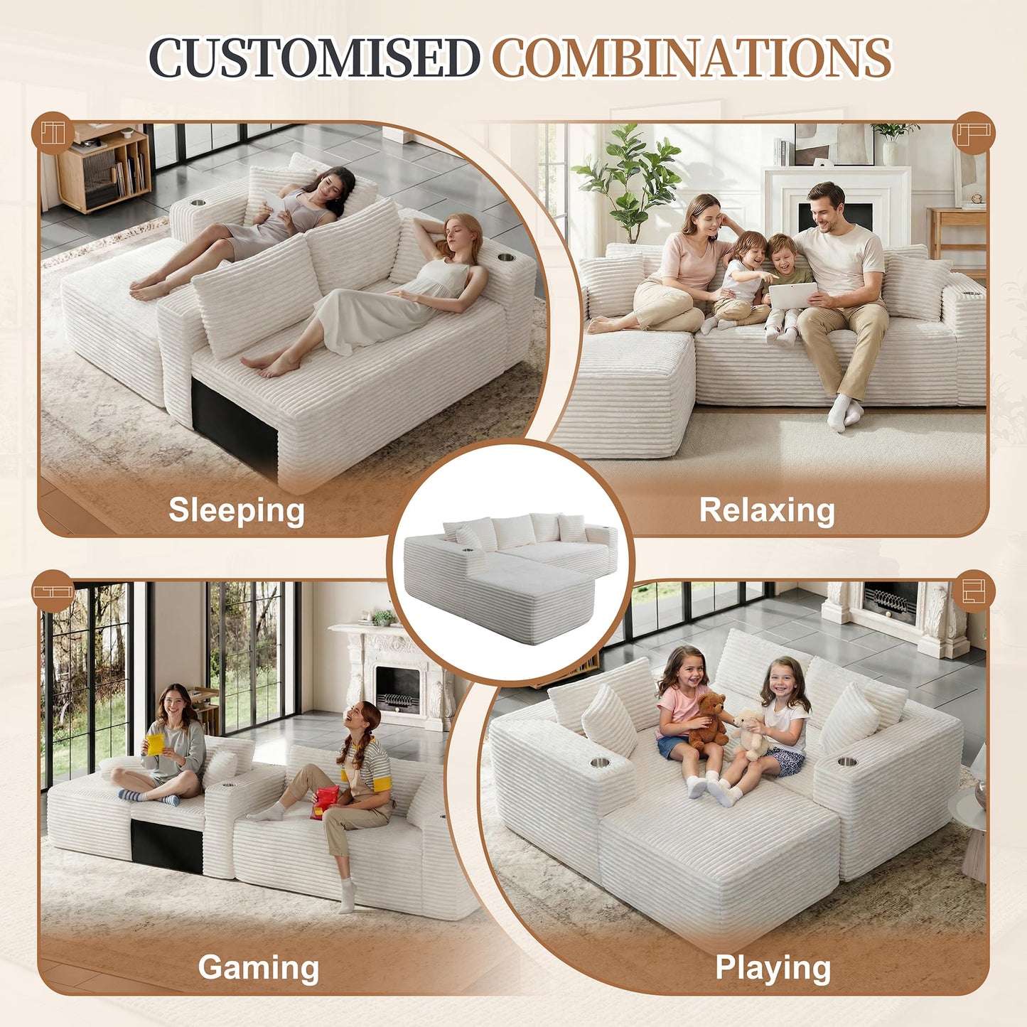 Vongrasig 103" Boneless Sectional Couches for Living Room, L-Shaped Chaise Modular Cloud Couch with Cup Holders on Armrests, Plush Corduroy Comfy Sofa with Memory Foam, No Assembly Required (Beige)