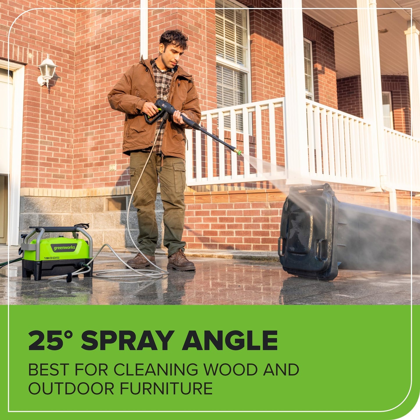 Greenworks 1900 PSI (1.2 GPM Max) Electric Pressure Washer (25°, 40°, Turbo Nozzle, Soap Applicator) Ideal for Cleaning Cars, Trucks, Boats, Outdoor Patio Furniture, Decks, and Windows