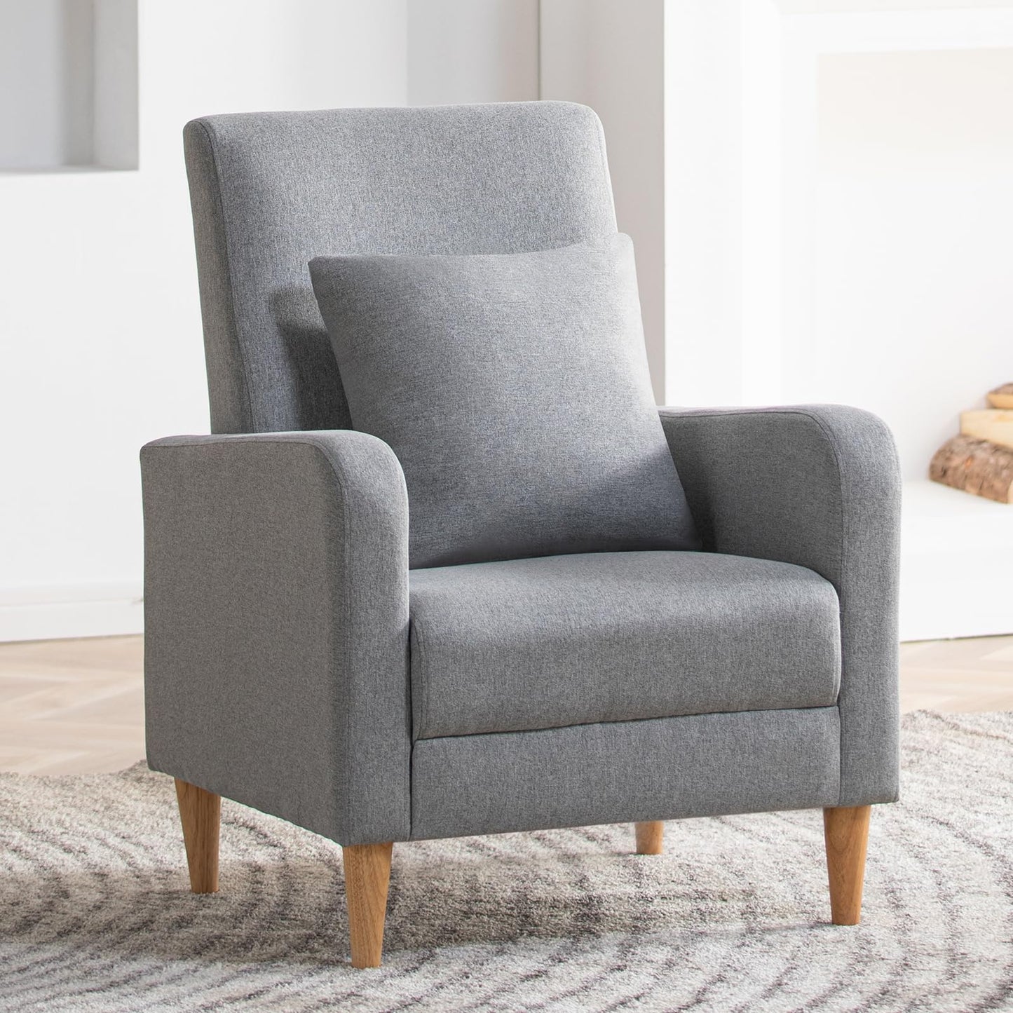 COLAMY Fabric Accent Living Room Chairs Set of 2, Upholstered Arm Chair Reading Side Chair, Single Sofa with Back Pillow and Wood Legs, Light Grey