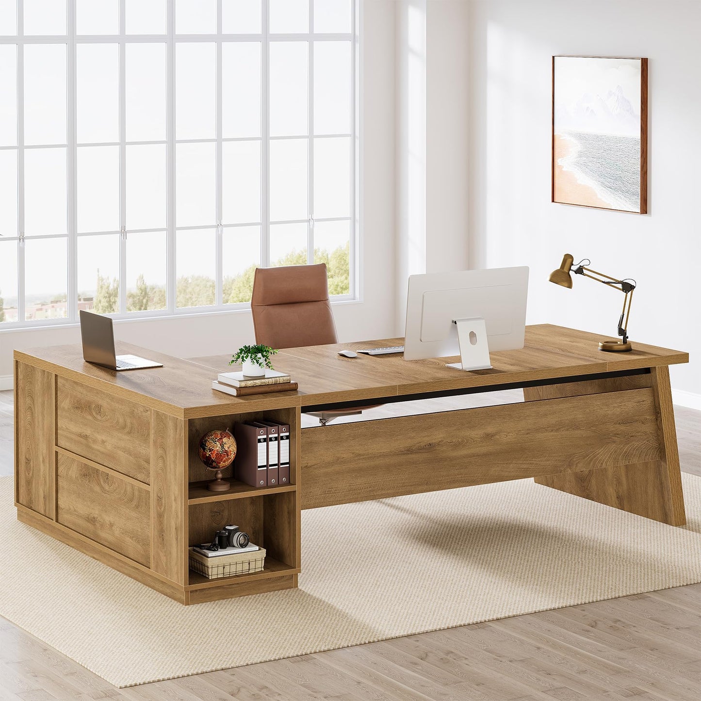 Tribesigns 78" L Shaped Desk with Drawers, Large Executive Office Desk with File Cabinet and Shelves, Modern Corner Computer Table Business Furniture for Home Office, Brown