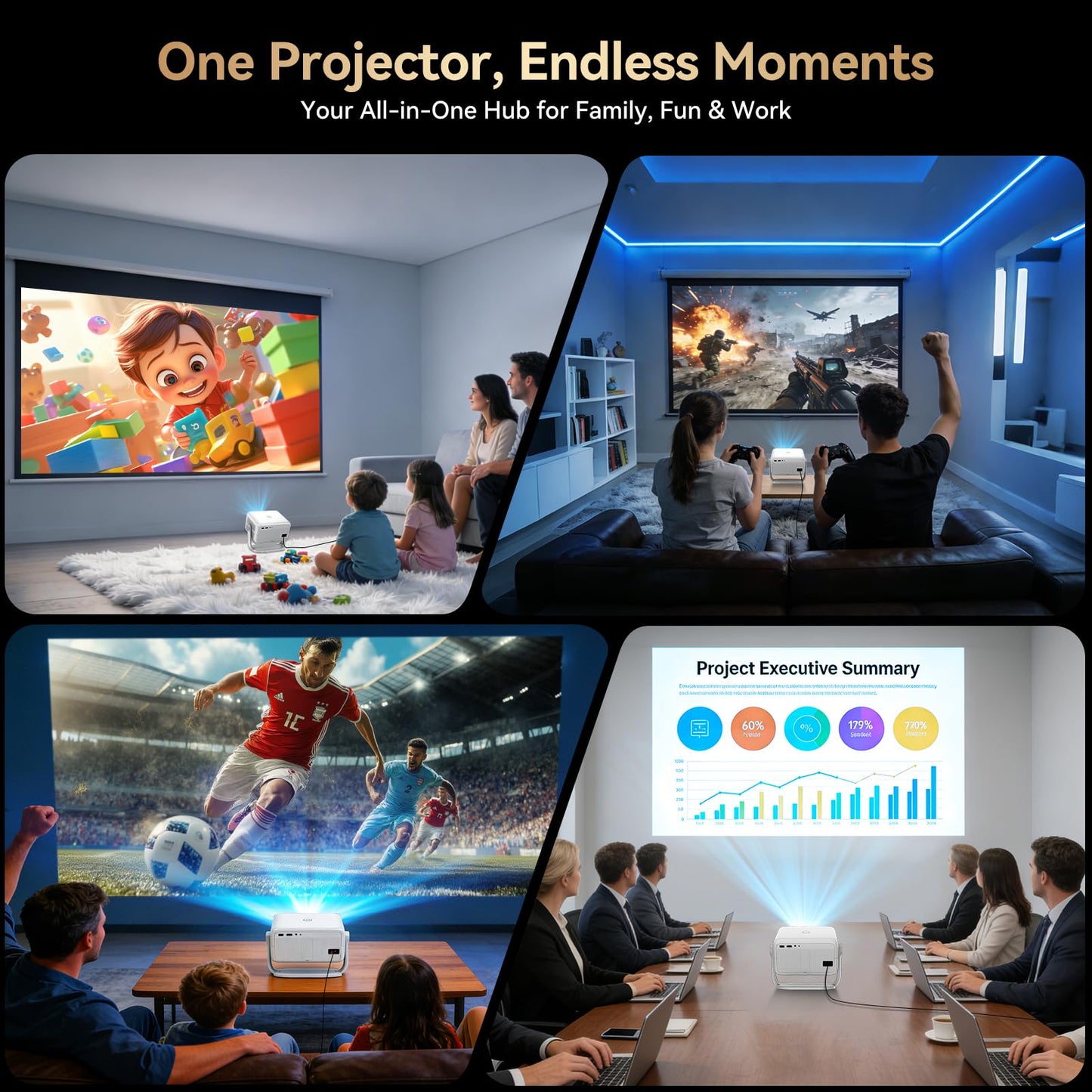 Projector with WiFi and Bluetooth, Officially Licensed App & Native 1080P, Auto Focus & Keystone Outdoor Movie Projector, 4K Supported for Dorm/Ceiling/Home Theater/Bedroom