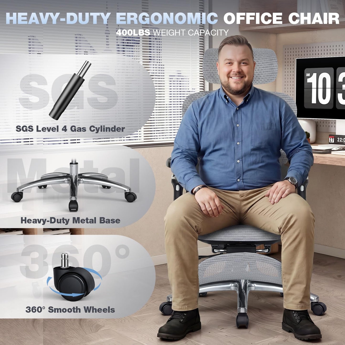 MALOL Ergonomic Office Chair, 400lbs High Back Mesh Desk Chair with 6D Armrests, 3D Headrest, Adjustable Lumbar Support, Seat Depth Adjustment, Tilt Lock, Metal Base & PU Wheels, Grey