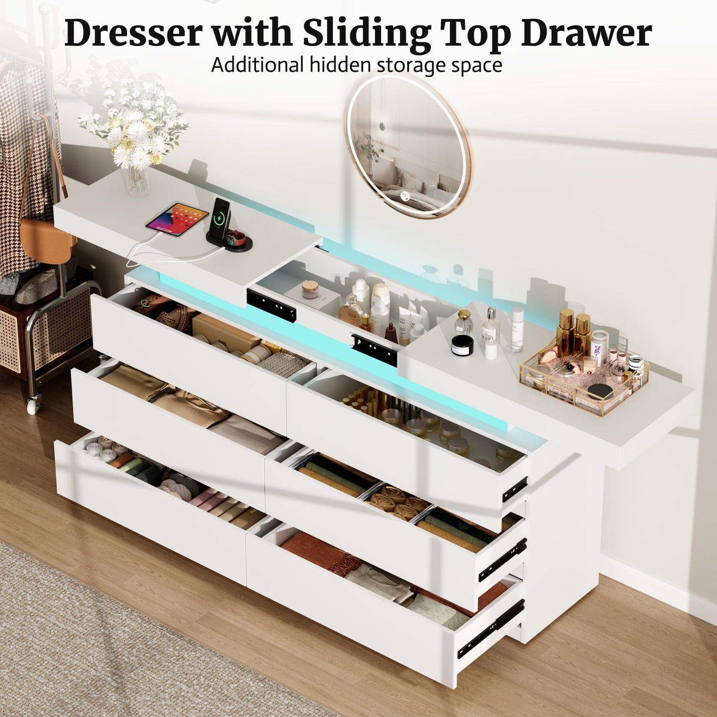 6 Drawer Dresser for Bedroom, White Dresser with LED Lights, Sliding Desktop and Power Outlet, Modern Wood Chest of Drawers for Closet, Organizer Cabinet for Bedroom, Living Room, Entryway, Hallway