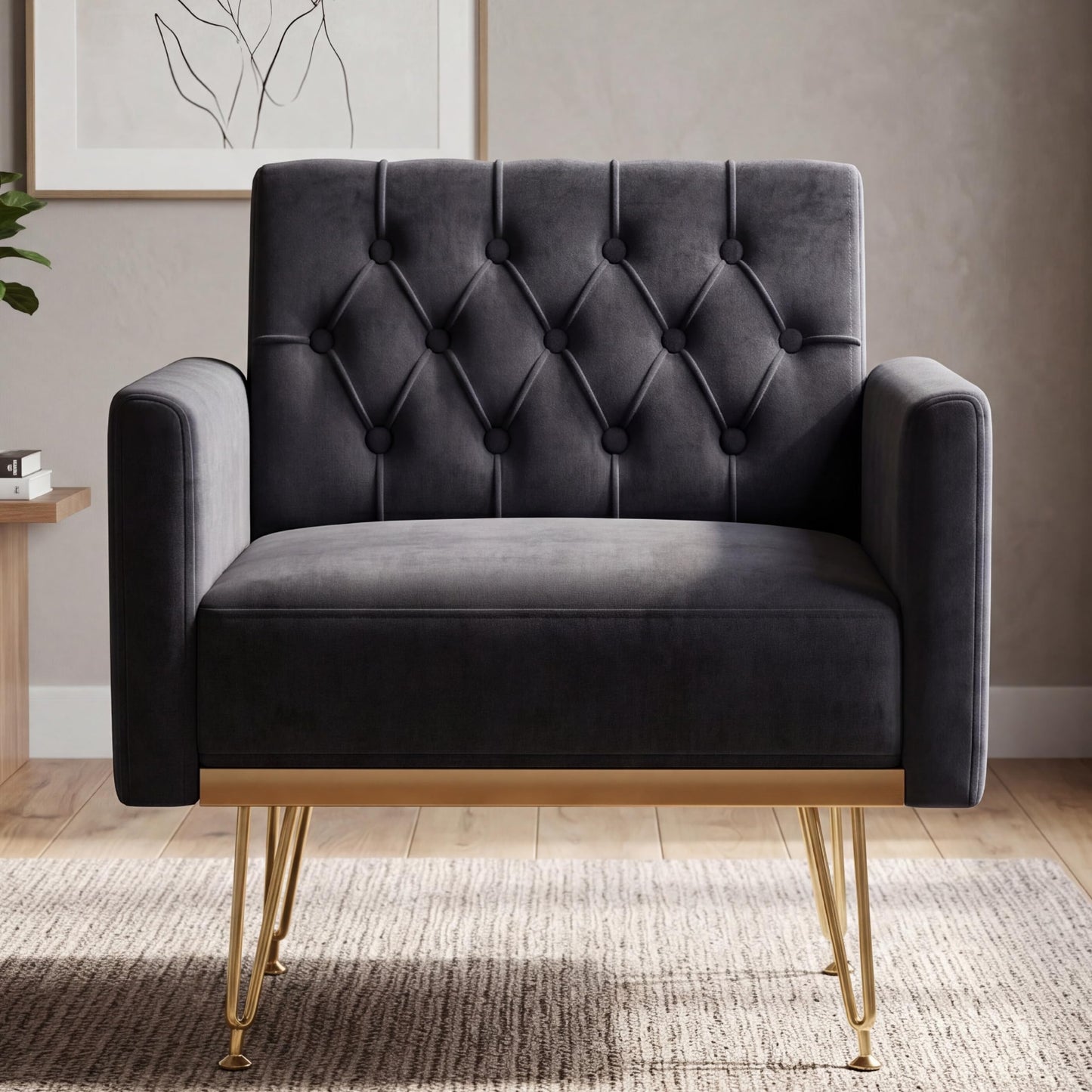 KEIKI Cute Velvet Accent Chair, 31 Inch Modern Tufted Upholstered Armchair with Metal Leg, Comfortable Single Sofa Side Reading Chairs, Comfy Arm Chair for Bedroom Living Room, Easy Assembly, Black