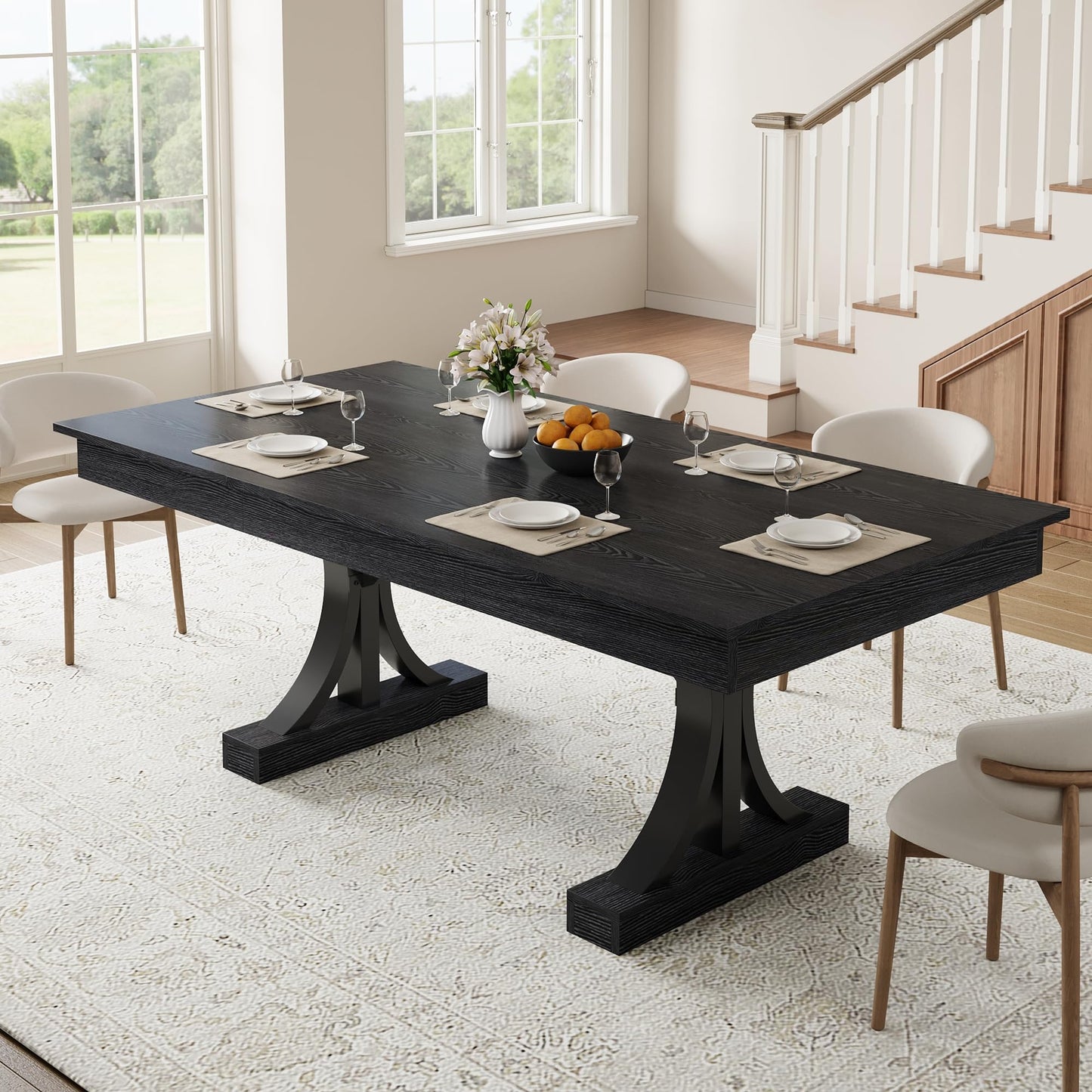 GarveeHome Dining Table for 6-8 with 2 Drawers,71-Inch Industrial Dining Table with Large Tabletop & Sturdy Frame, Rectangular Wooden Kitchen Table with Double Pedestal, for Dinner， Rustic Black