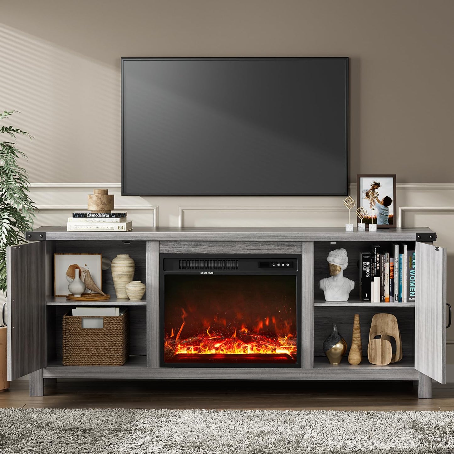 YESHOMY Fireplace TV Stand with Two Barn Doors and Storage Cabinets for Televisions up to 65+ Inch, Entertainment Center Console Table, Media Furniture for Living Room, 58 Inch, Gray
