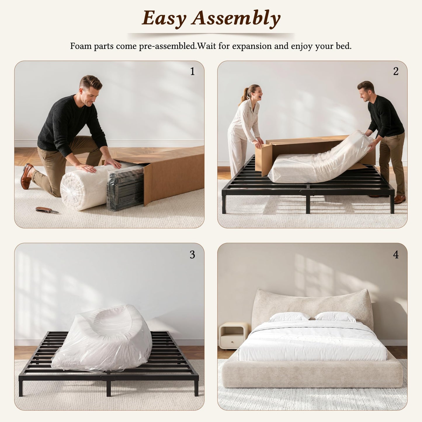 Homkdom Cloud Bed Frame with Headboard,Upholstered Soft King Size Bed Frame Rounded Corner Design,Boucle Bed Frame for Modern Bedrooms Apartments, Guest Rooms,Beige