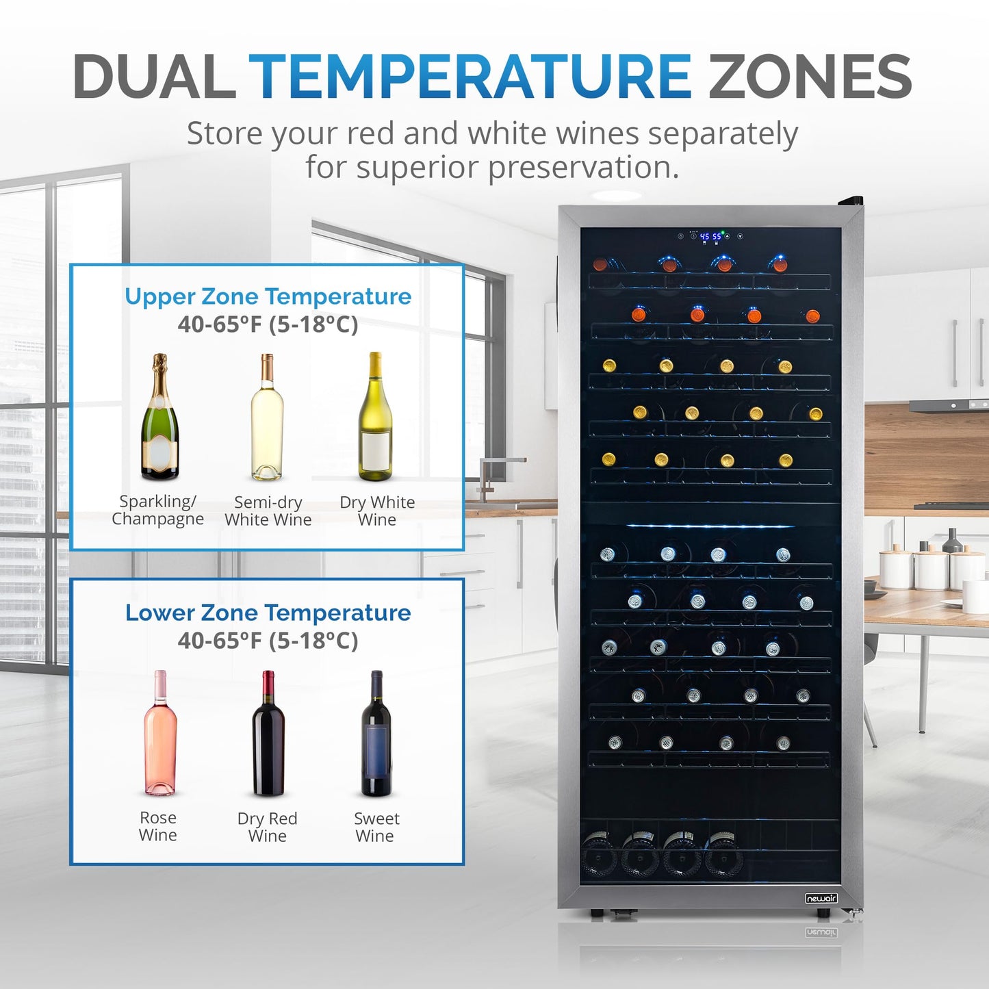 NewAir 24" Dual Zone Wine Fridge for 98 Bottles | Built-In or Freestanding Wine Cooler Refrigerator with Glass Door | Ultra-Quiet Inverter Compressor & Adjustable Racks | Stainless Steel