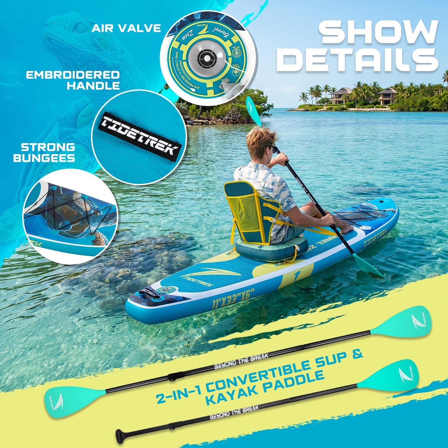 TIDETREK 11'/11'6" x 33"/34" x 6" Inflatable SUP Paddle Board – Extra-Wide, Stable Stand Up Paddle Board with Premium Full Accessory Set for Adults & Youth (Blue Turtle/Kayak Seat, 11'x33 x6)