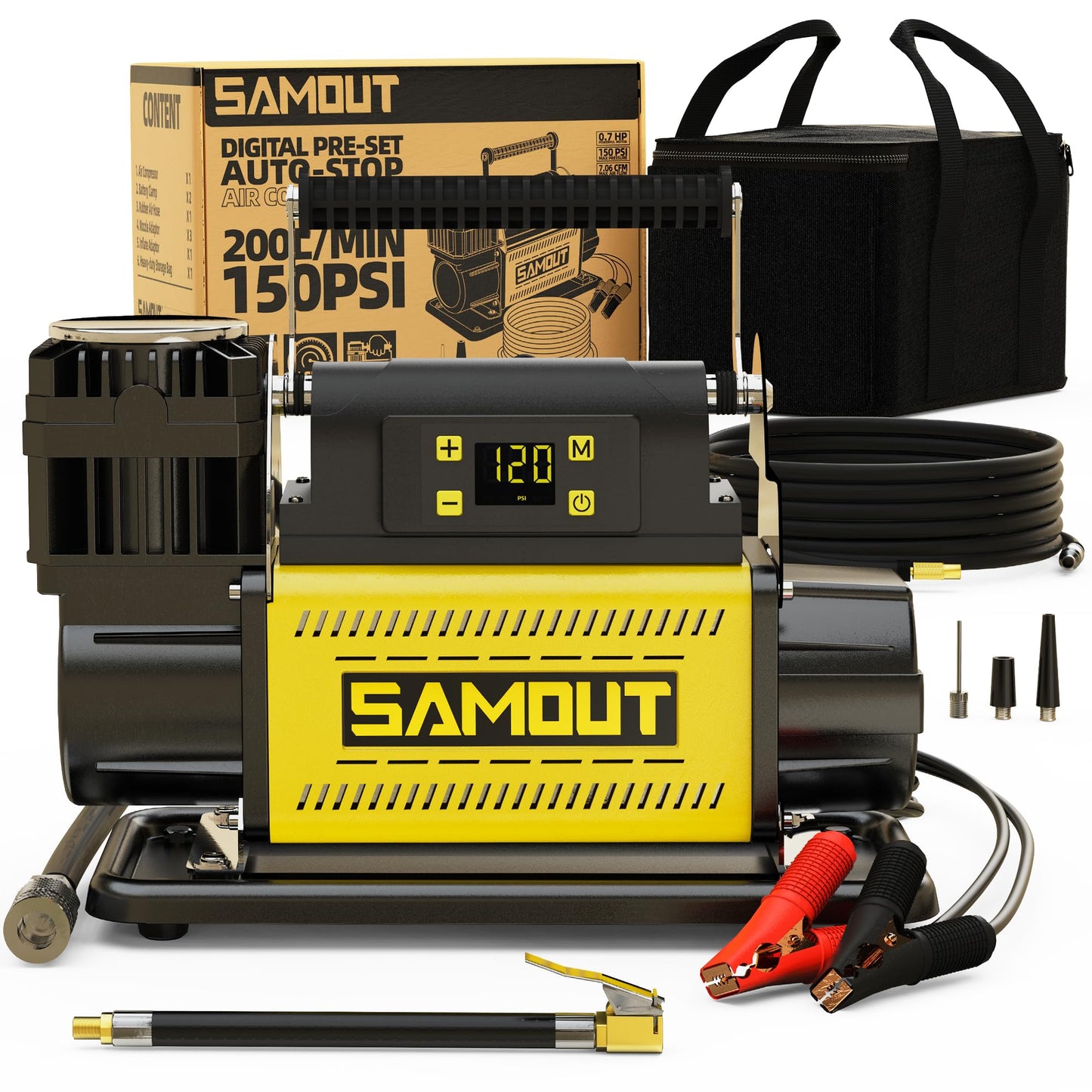 SAMOUT 12V Digital Air Compressor, Offroad Portable Inflator 7.06 CFM, Air Pump Max 150PSI for Heavy-Duty Tires, with LCD Control Panel to Preset Target Pressure, 4x4 Vehicle, SUV, RV