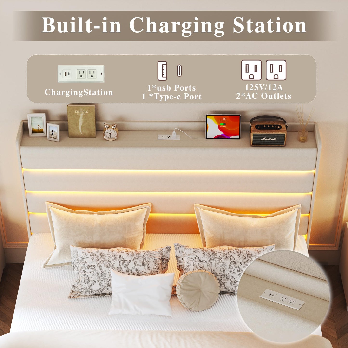 HUAHUU Queen Bed Frame with Storage, Velvet Upholstered Queen Size Upholstered Headboard with LED Light & Charging Station, Platform Bedframe with Drawers, Metal Slats, White