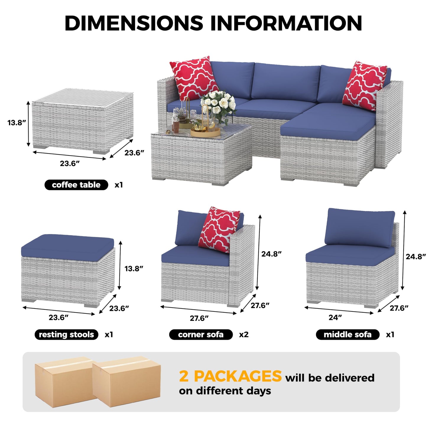 Patio Furniture Set 4 Pieces, Outdoor Patio Furniture Set with Rattan Wicker Chairs, Glass Table and Cushions for Porch, Balcony, Backyard, Garden, Poolside, Brown & Red (Grey+Blue, 5 Pieces)