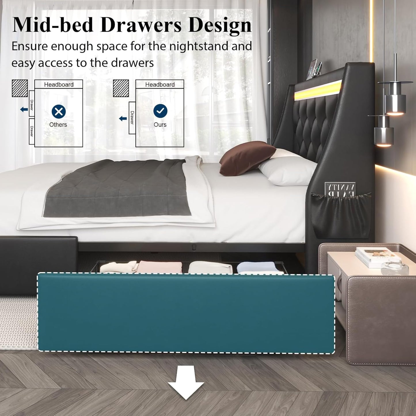 GDFStudio Queen Bed Frame with 2 Storage Drawers & Charging Station, Faux Leather Upholstered Platform Bed Frame with LED Wingback Diamond Headboard, Metal Slats Support, No Box Spring Needed, Black