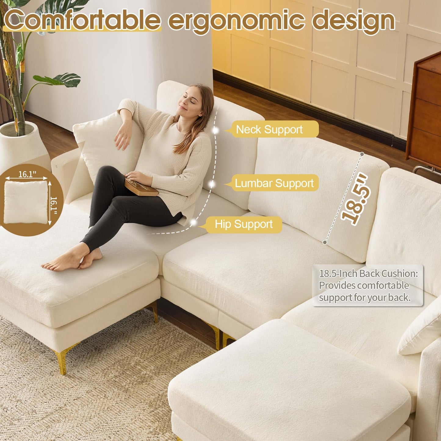 VINGLI 100" W U Shaped Couch with Ottoman, 22" Deep Seat Comfortable Sectional Couches for Living Room, 3 Seater Chenille Fabric Cloud Sofa for Apartment, Small Spaces, Bedroom, Beige
