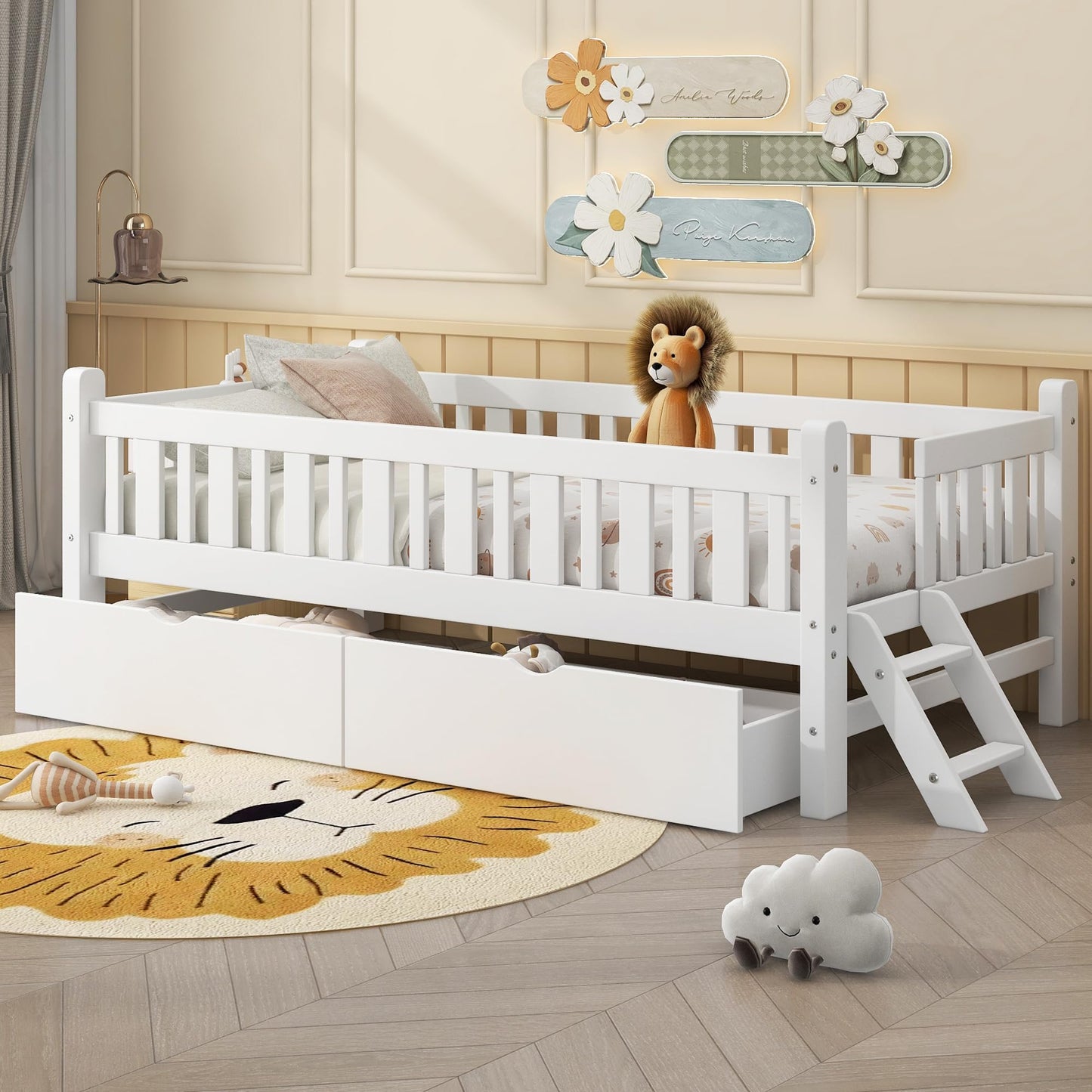 Merax Wood Twin Size Platform Bed with Guardrail and 2 Drawers, Kids Bed Frame with Stairs, White