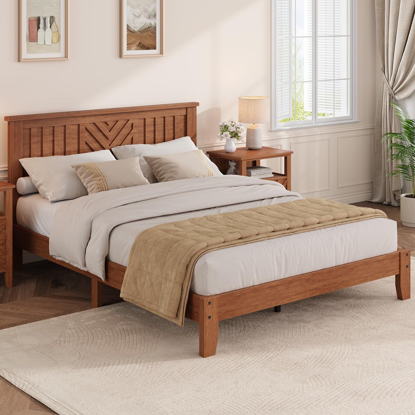 Garvee Queen Wooden Platform Bed Frame with v-Pattern Headboard, Wooden Slat Support, Noise-Free Mattress Foundation, No Box Spring Needed, Easy Assembly,Under-Bed Storage, Light Brown