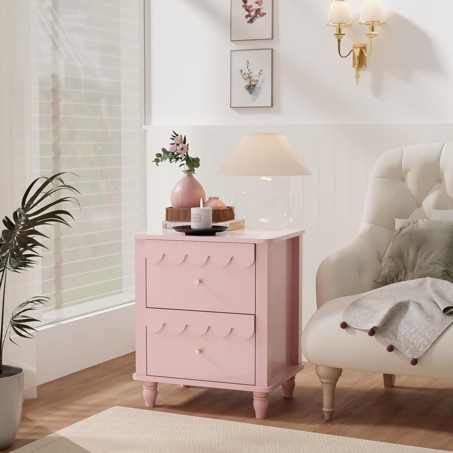 Anbuy Pink Nightstand Set of 2 with Petal Pattern, Modern Night Stand Set 2 with 2 Drawers for Bedroom, Side End Table Scalloped Bedside Night Tables with Solid Wood Legs