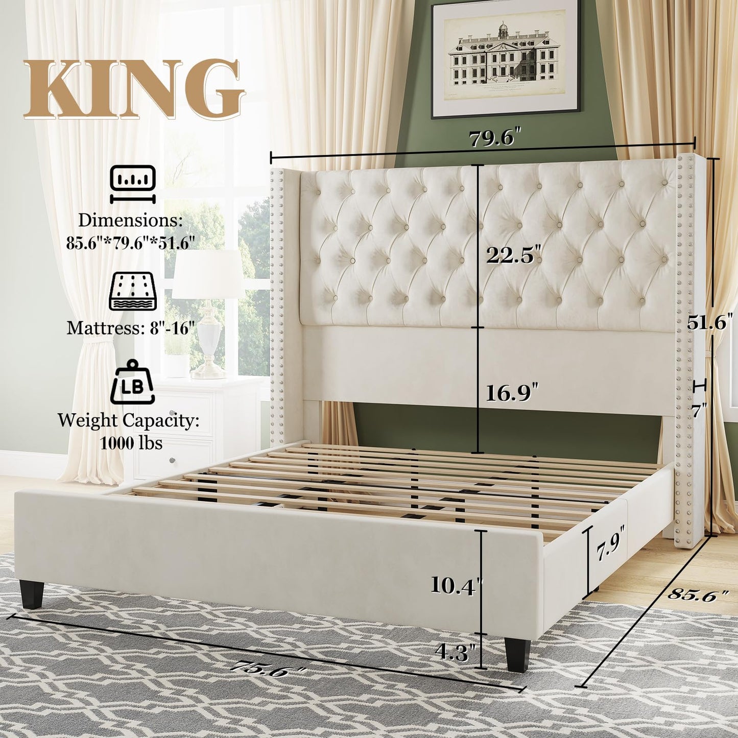 Jocisland King Upholstered Bed Frame with Tall Headboard Wingback Platform Bed Tufted Deep Button Velvet/No Box Spring Needed/Easy Assembly/Cream