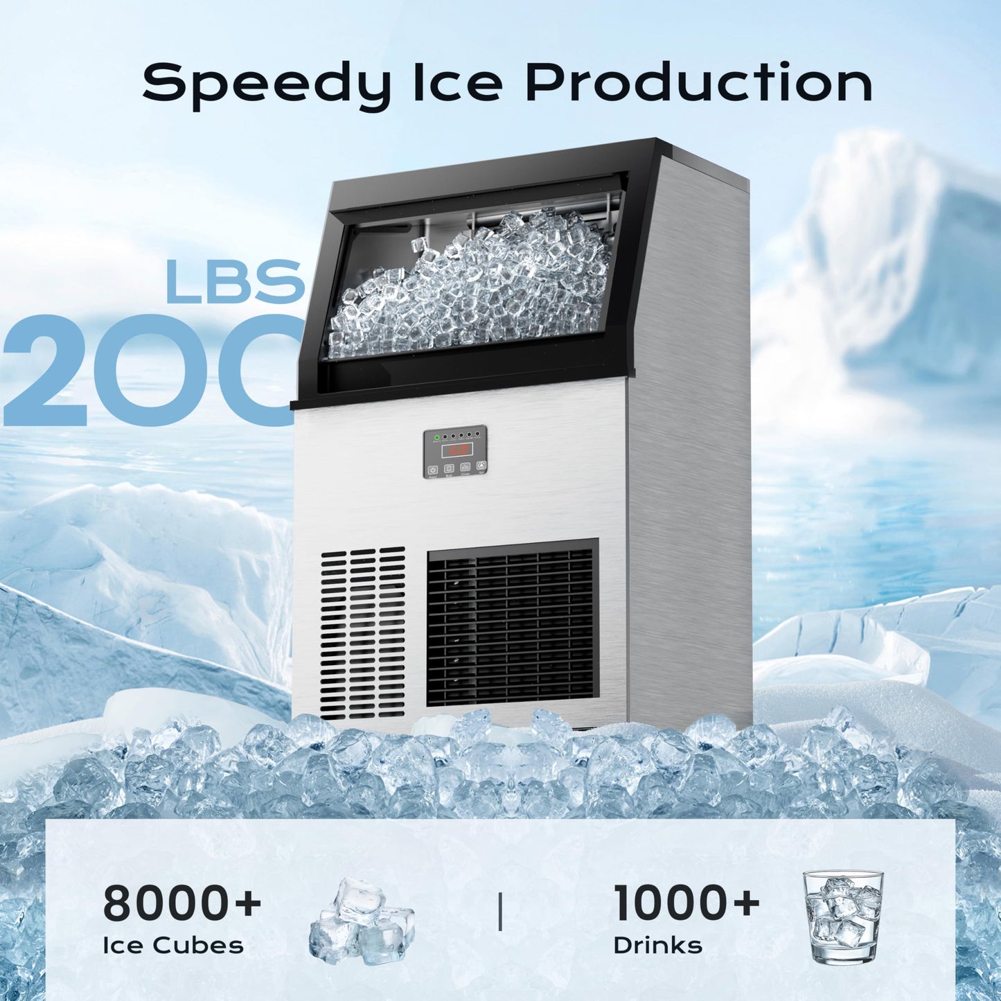 Coolake Commercial Ice Maker Machine 200lbs/24H, Air Cooled Under Counter Ice Maker with 50lbs Ice Storage, Stainless Steel Self Cleaning Freestanding Ice Maker for Home Bar Restaurant Kitchen